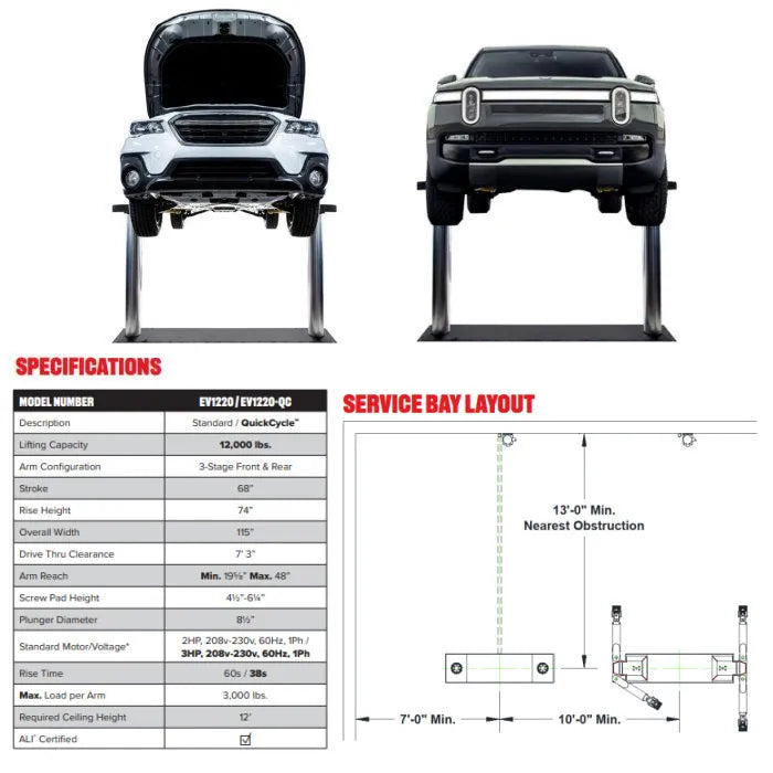Challenger Lifts EV1220 Standard Inground Lift 12,000 lbs. CapacitySpecifications
