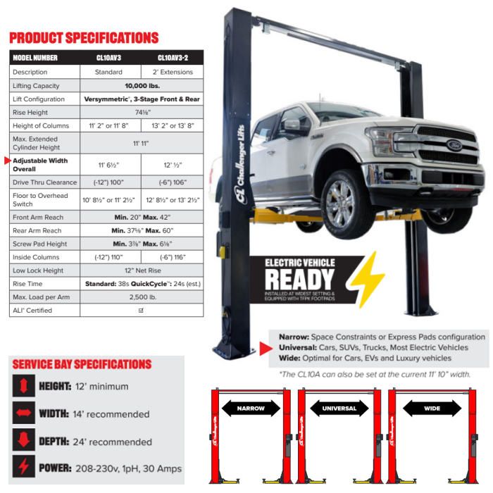 Challenger Lifts CL10A-XP9 Adjustable Two Post Express Pad Lift Features