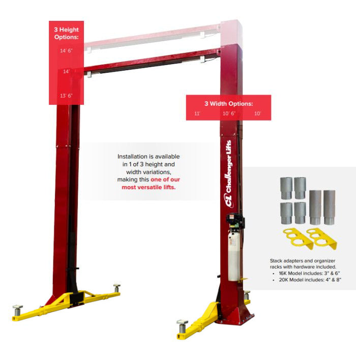 Challenger Lifts CL16-0-3S Heavy-Duty Two Post Lift Three Adjustable Heights and Widths