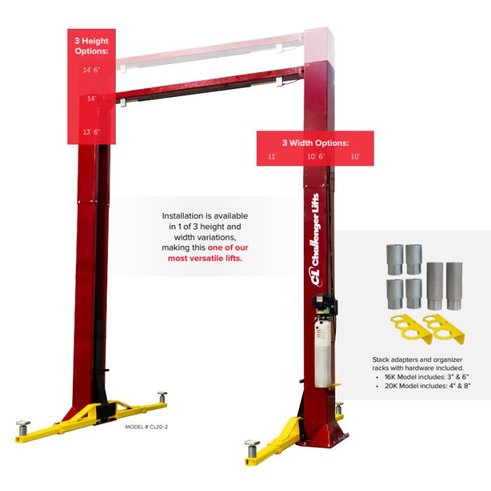 Challenger Lifts CL20-0 Heavy-Duty Two Post Lift Three Adjustable Heights and Widths
