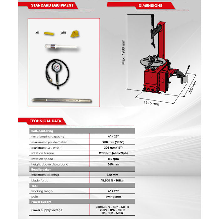 Corghi A2002 Superbike Tire Changer Specifications