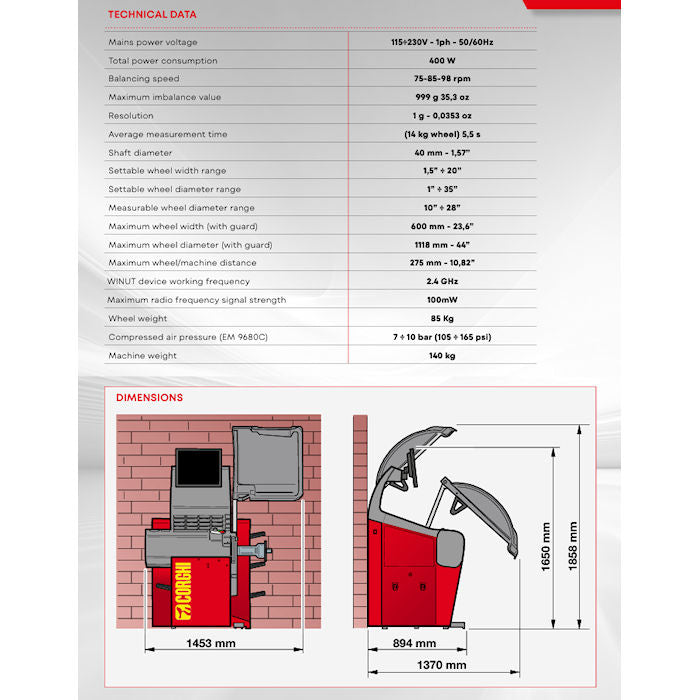 Corghi EM9680 Plus Dotline 3D Wheel Balancer Specifications