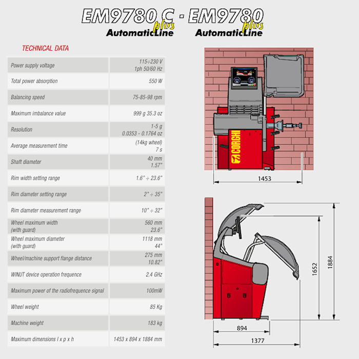 Corghi EM9780 Plus AutomaticLine 3D Wheel Balancer Specifications