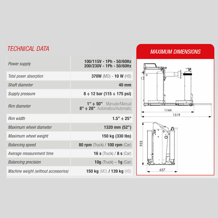 Corghi ET1450 Truckline Wheel Balancer Specifications 