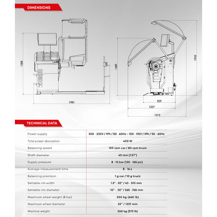Corghi ET1680 Truckline Wheel Balancer Specifications 