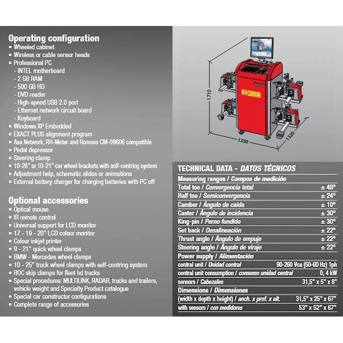 Corghi Exact 70 CCD Wheel Aligner Specifications 