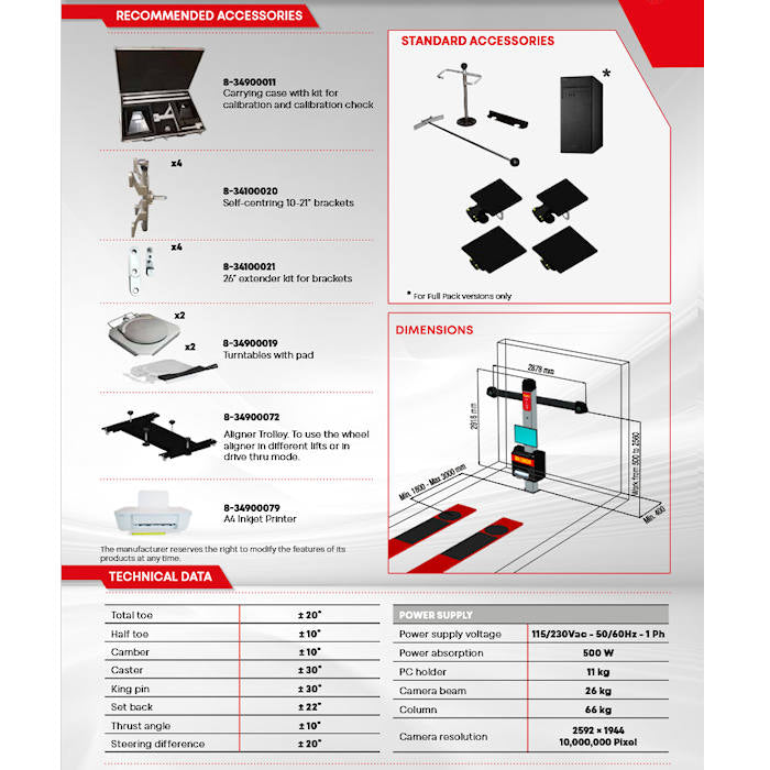 Corghi Exact Linear Plus 3D Wheel Aligner Accessories & Specifications 