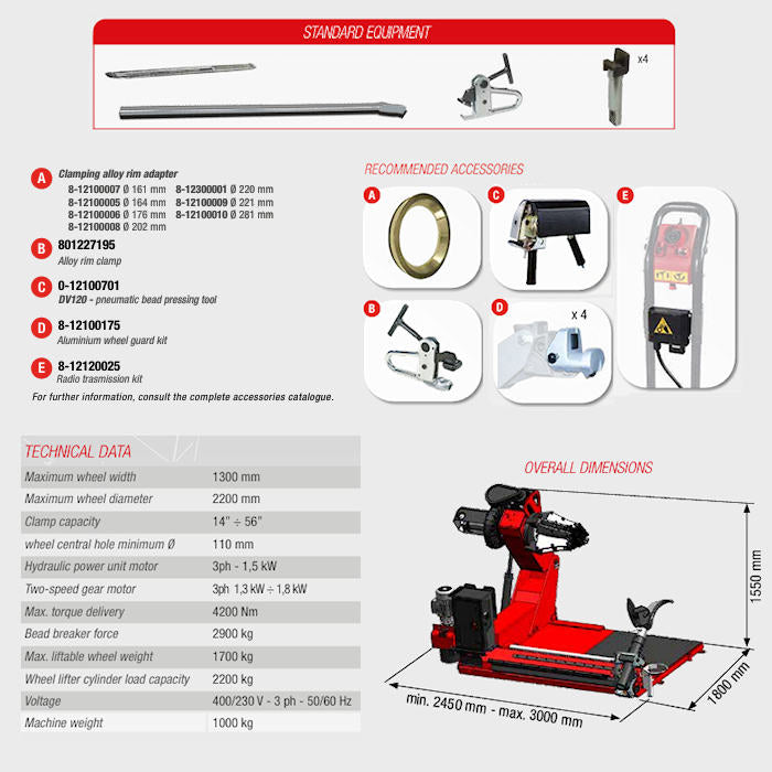 Corghi HD1300 Heavy-Duty Truck Tire Changer Specifications 