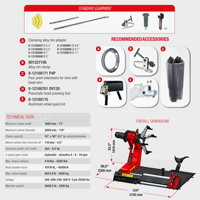Corghi HD1800 Hydrus Heavy-Duty Truck Tire Changer Specifications 