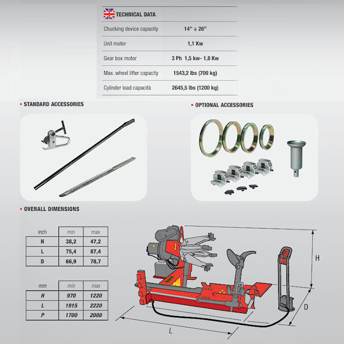 Corghi HD700 Heavy-Duty Tire Changer Specifications 