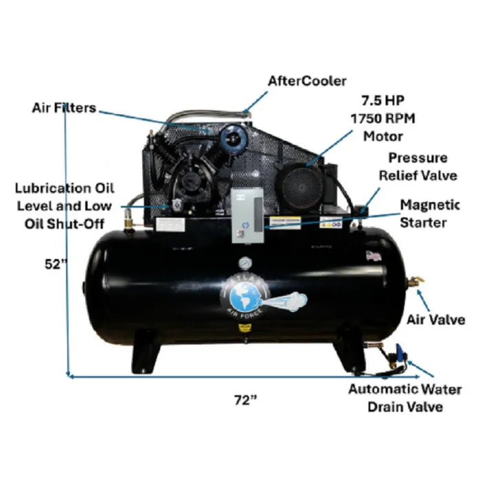 Atlas AF9P-120H Two Stage 7.5HP 120 Gallon Air Compressor Plus Pkg Automatic Tank Drain