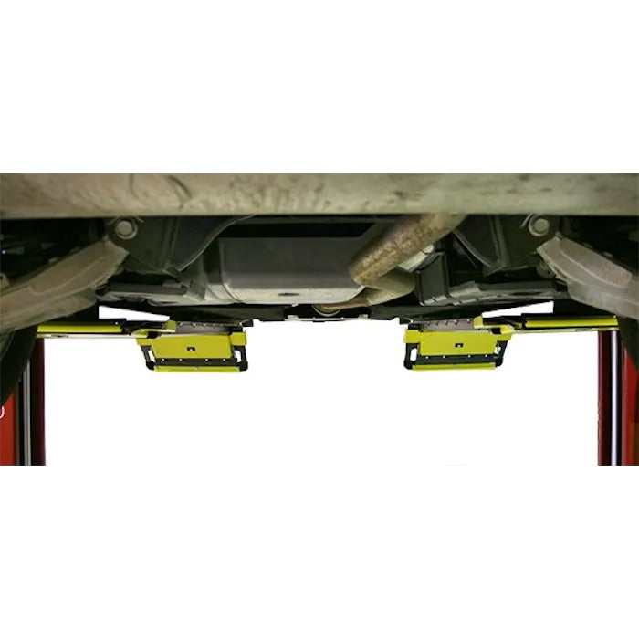 Challenger Lifts CL10A-XP9 Adjustable Two Post Express Pad Lift Ramps flip up and lock to extend the platforms for longer wheelbases