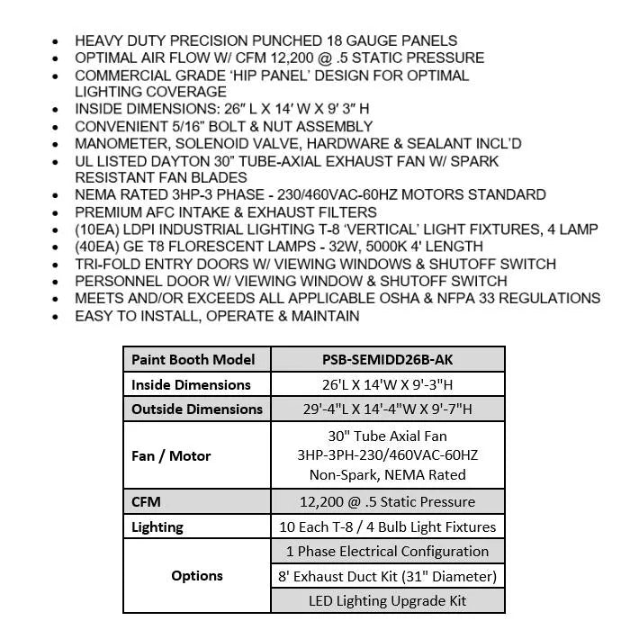 iDEAL PSB-SEMIDD26B-1PH Semi Downdraft Paint Spray Booth Features and Specifications