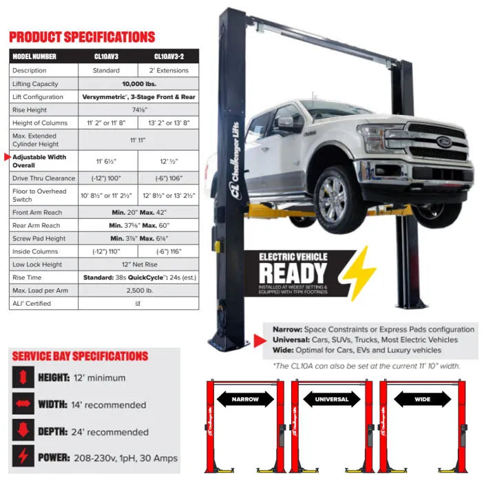 Challenger Lifts CL10AV3 Versymmetric Adjustable Two Post Lift Adjustable 3 Widths and 2 Heights