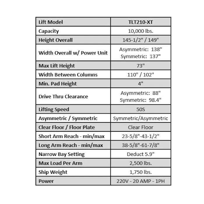 Launch Tech USA TLT210-XT Two Post Auto Lift ALI Certified