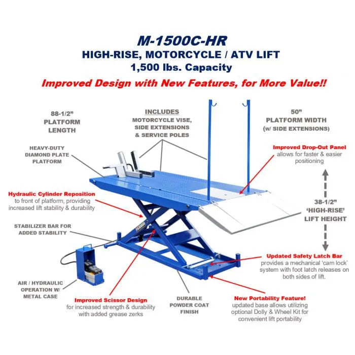 ASEplatinum M-1500C-HR High Rise Motorcycle Lift Available in Blue or Black