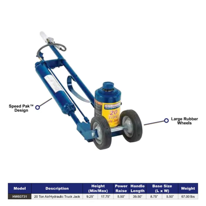 Hein-Werner HW93731 20-Ton Air Actuated Truck Jack Features & Specifications