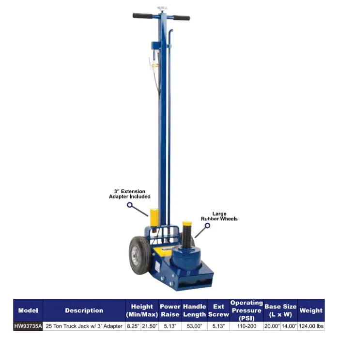 Hein-Werner HW93735A 25-Ton Air Truck Axle Jack with 3" Extension Features & Specifications