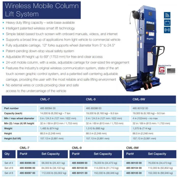 MAHLE ShopPRO CML-9 Wireless Mobile Column Lift Features & Specifications