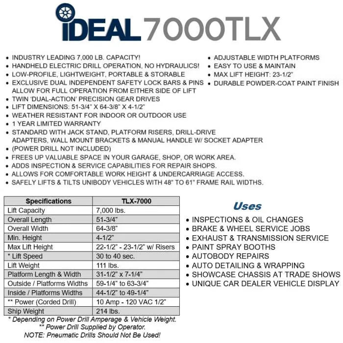 iDEAL 7000TLX Automotive Tilt Lift Features and Specifications