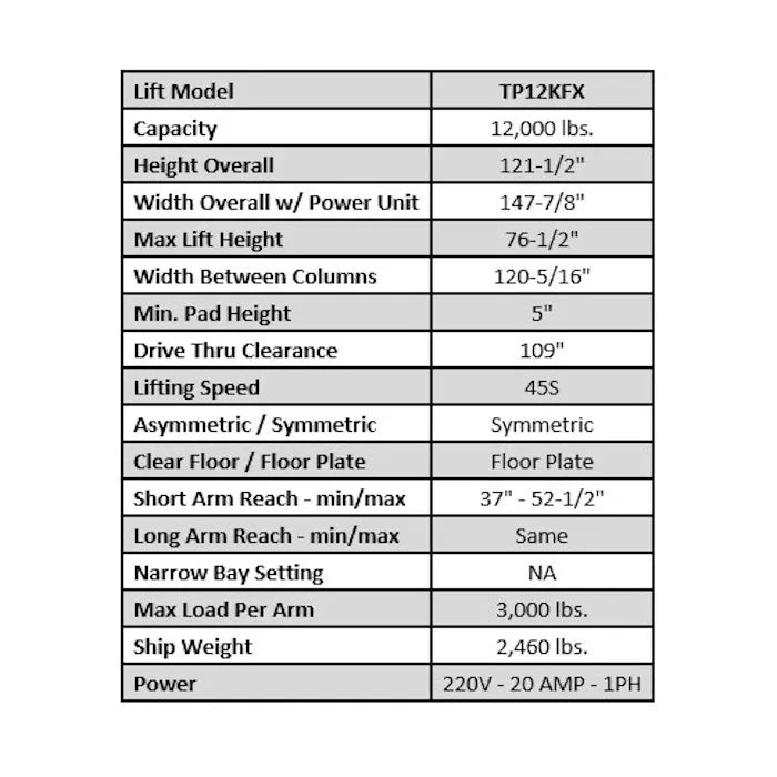 ASEplatinum TP12KFX Specifications