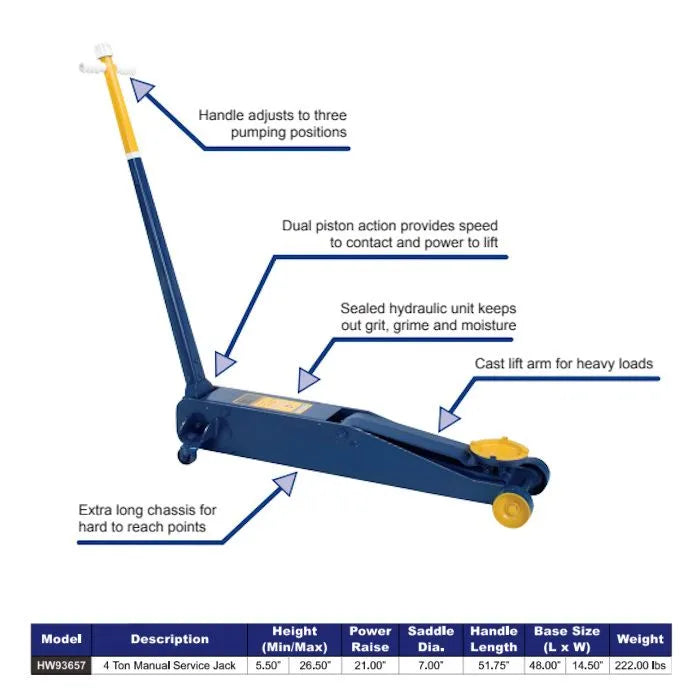 Hein-Werner HW93657 4-Ton Long Chassis Service Jack Features & Specifications