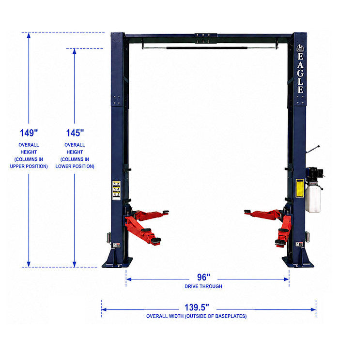 Eagle EAG-10C Clear Floor Two Post Lift Dimensions
