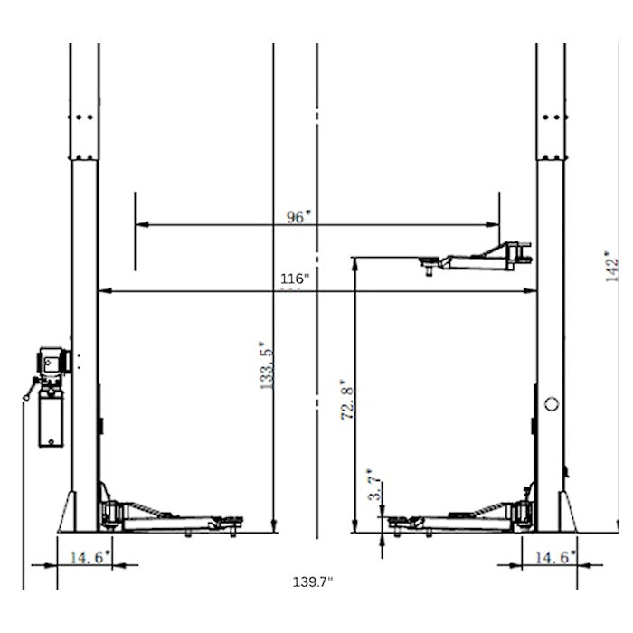 Eagle EAG-9C Clear Floor Two Post Lift Dimensions