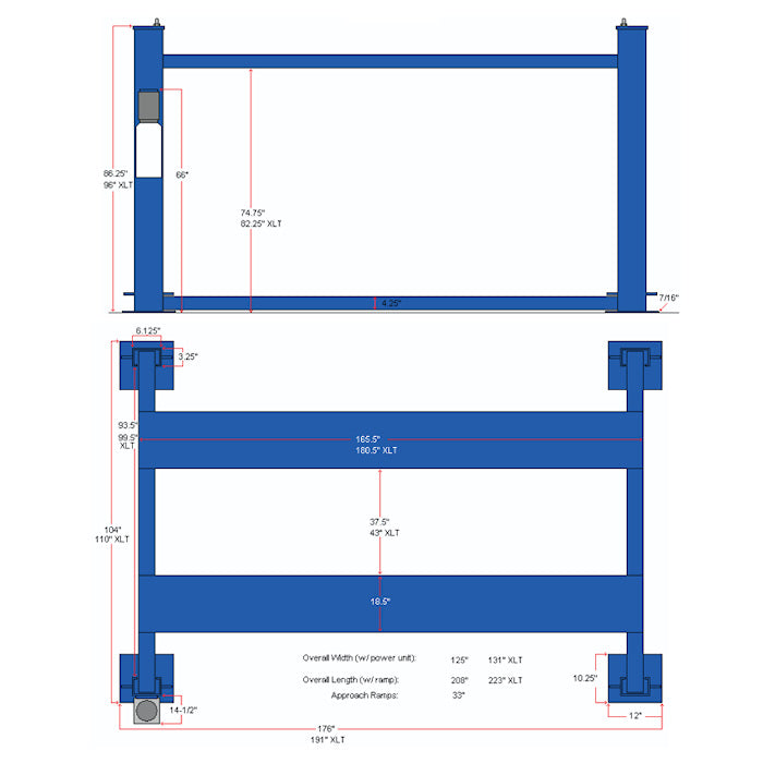 Eagle MS-8000 & MS-8000-XLT Four Post Parking Lift Dimensions