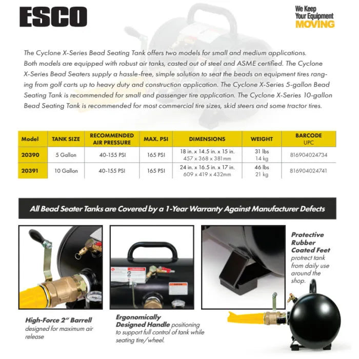 ESCO 20391 Cyclone-X Series 10 Gallon Truck Tire Bead Seater Specifications