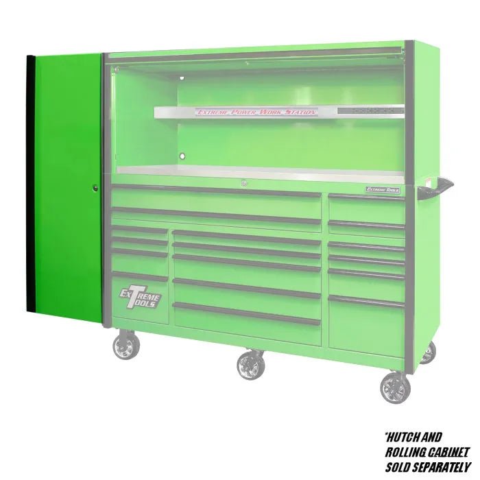 Extreme Tools EXQ Pro 24" Side Cabinet Green with Black Handles Shown with Hutch and Rolling Cabinet