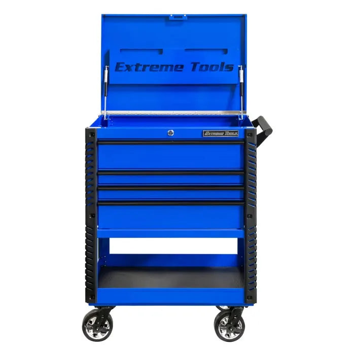 Extreme Tools EX Pro 33" 4 Drawer Deluxe Tool Cart Blue with Black Drawer Pulls