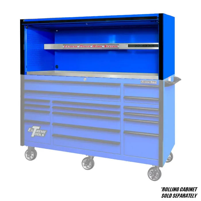 Extreme Tools EXQ Pro Series 72" Extreme Power Workstation Hutch Blue with Black Accents Shown with Rolling Cabinet