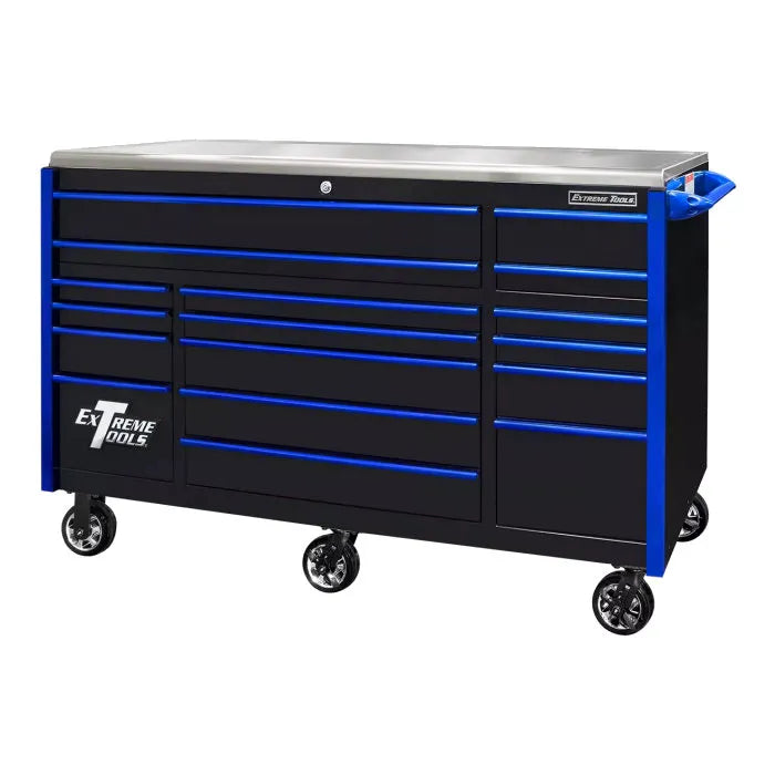 Extreme Tools EXQ Pro 72" Rolling Cabinet Black with Blue Drawer Pulls