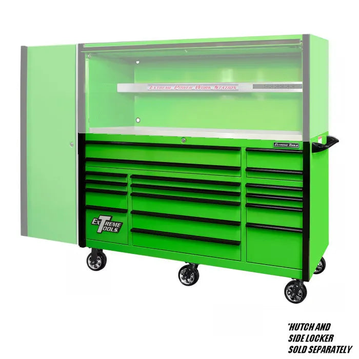 Extreme Tools EXQ Pro 72" Rolling Cabinet Green with Black Drawer Pulls Shown with Hutch and Side Locker