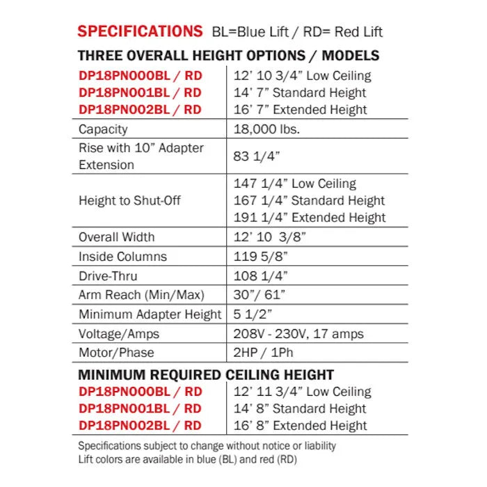 Forward Lift DP18PN002 Premium Heavy-Duty Two Post Truck Lift Specifications