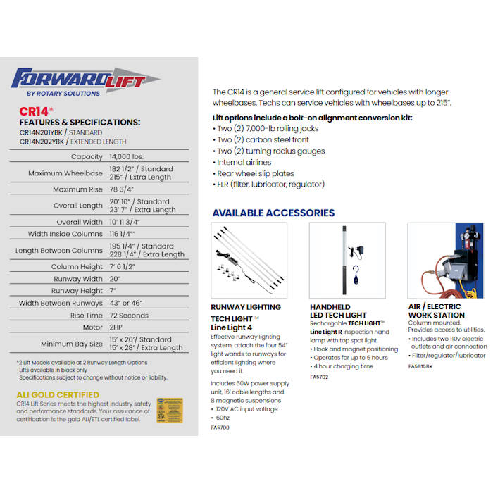 Forward Lift CR14 EL Four Post Commercial Lift Specifications & Accessories 