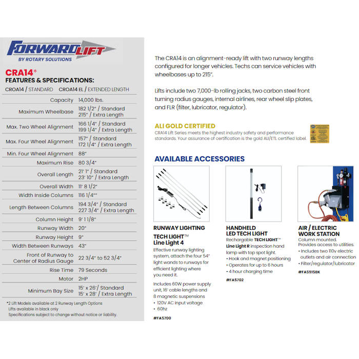 Forward Lift CRA14 EL Four Post Alignment Lift Specifications & Accessories 
