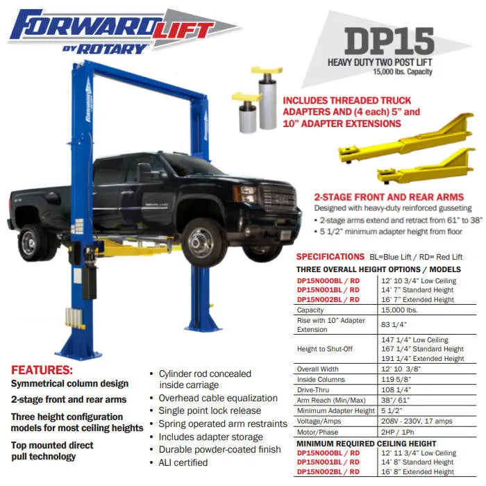 Forward Lift DP15N002 199" Two Post Lift ALI Certified Features & Specifications