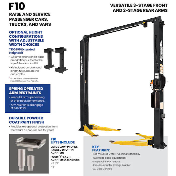 Forward Lift F10 Two Post Lift 10,000 lbs. Capacity Features