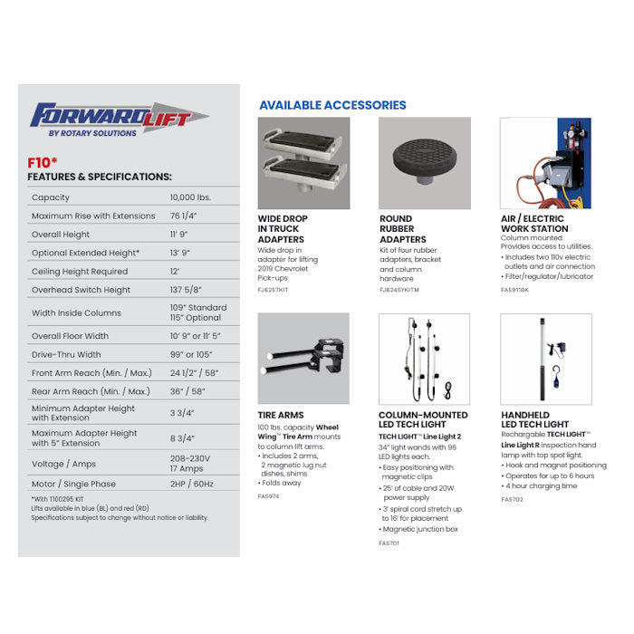 Forward Lift F10 Two Post Lift 10,000 lbs. Capacity Specifications & Accessories 