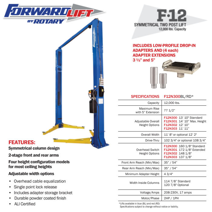 Forward Lift F12N302 154" Two Post Lift ALI Certified