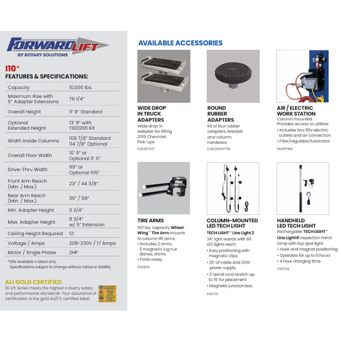Forward Lift I10 Two Post Lift Specifications & Accessories 