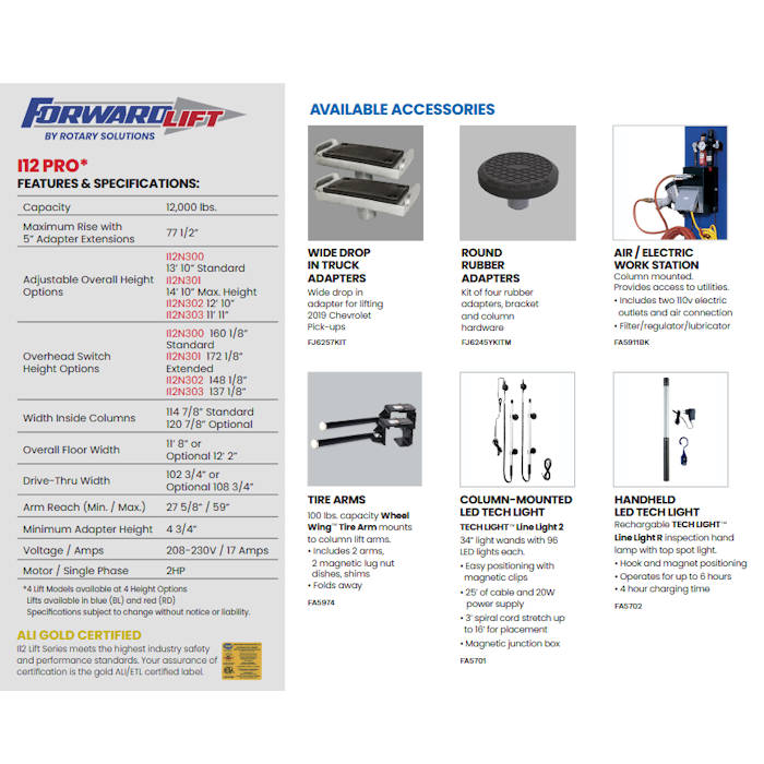 Forward Lift I12N300 Pro 166" Heavy-Duty Two Post Lift ALI Certified Specifications & Accessories 