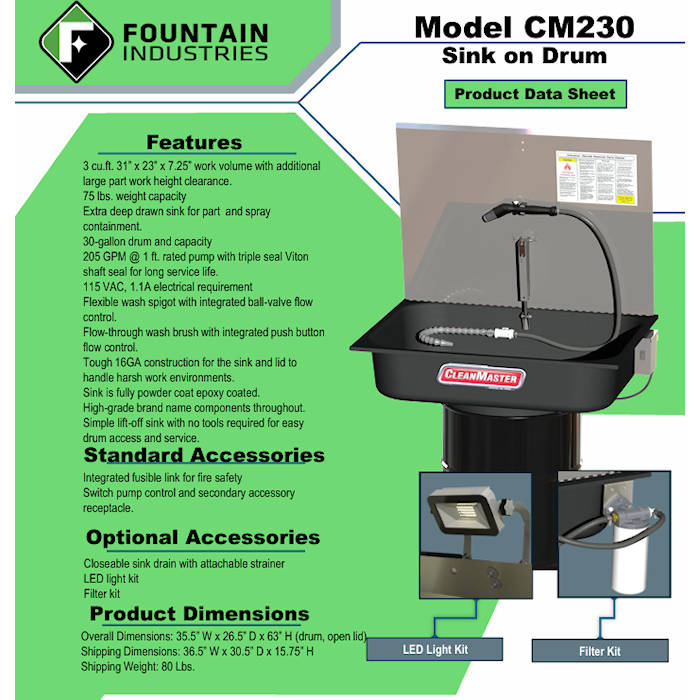 CleanMaster CM230 Solvent Sink Parts Washer Features 