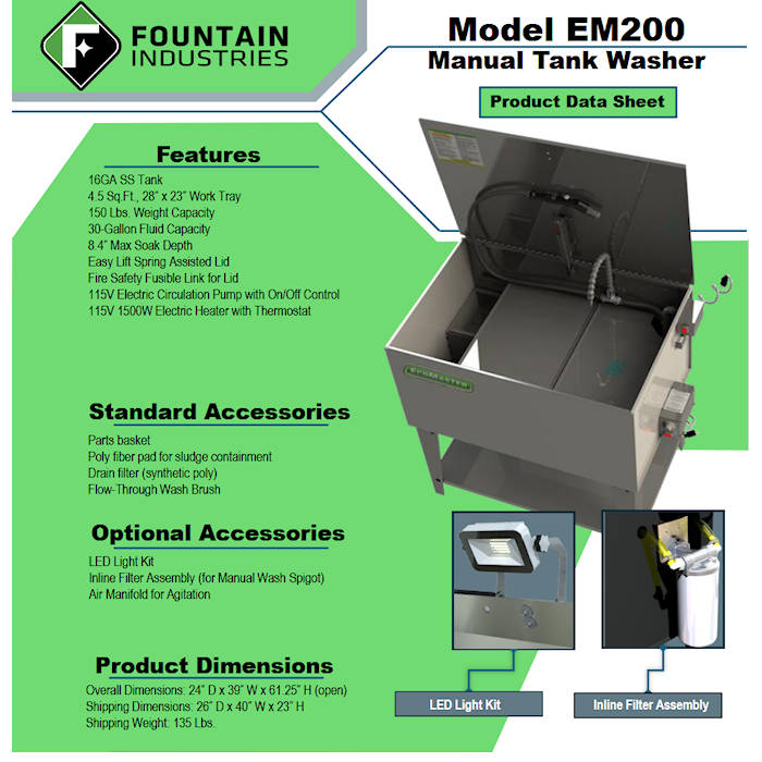EcoMaster EM200 Stainless Aqueous Parts Washer Features 