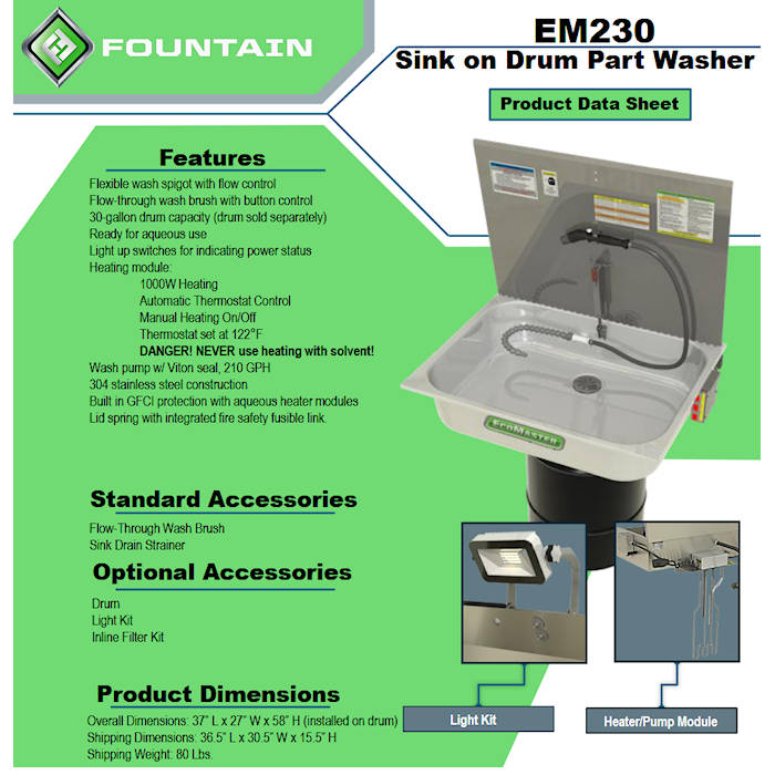 EcoMaster EM230 Aqueous Sink Parts Washer Features 