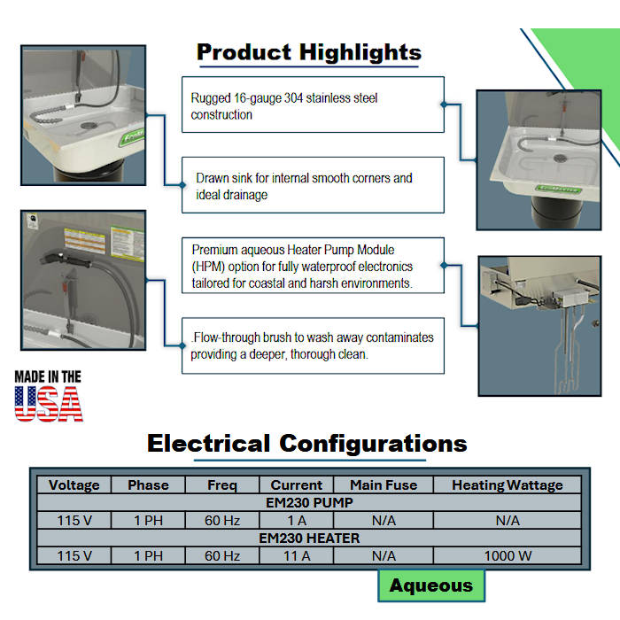 EcoMaster EM230 Aqueous Sink Parts Washer Highlights 