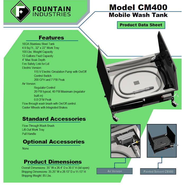 EcoMaster EM400 Stainless Aqueous Brake Washer Features 