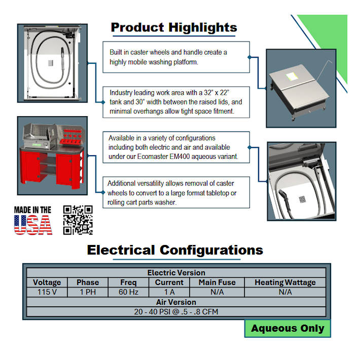 EcoMaster EM400 Stainless Aqueous Brake Washer Highlights 